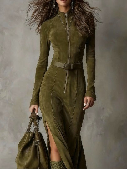 Alessia | Women's Long Suede Dress with Front Zip & Waist Belt – Elegant Fit for Any Occasion 1