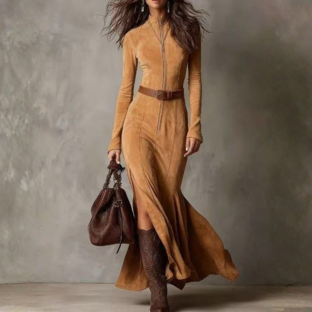 Alessia | Women's Long Suede Dress with Front Zip & Waist Belt – Elegant Fit for Any Occasion 6