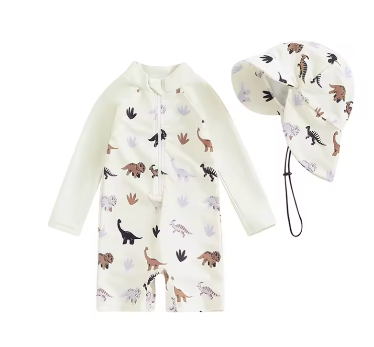 Baby UV Zwempak Set Lange Mouwen Dino Hoedje UPF50+ Polyester Elastaan 0