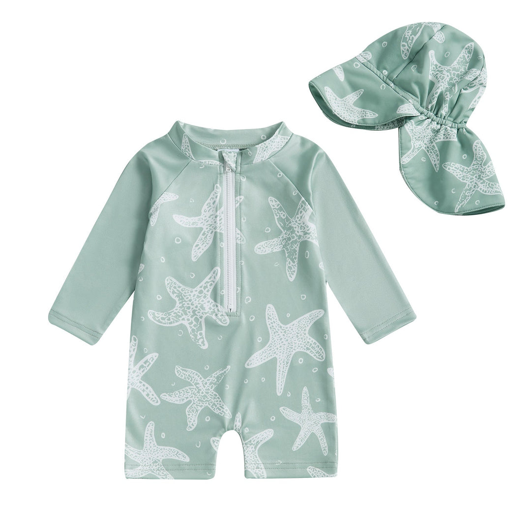 Baby Zwempak UV-Bescherming Mintgroen Met Zonnehoedje Polyester Elastaan UPF50+ 0