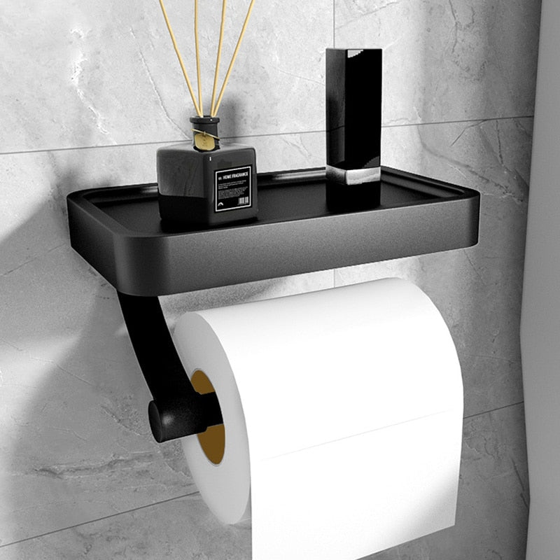 Black Metal Toilet Roll Holder with Built-in Shelf 0