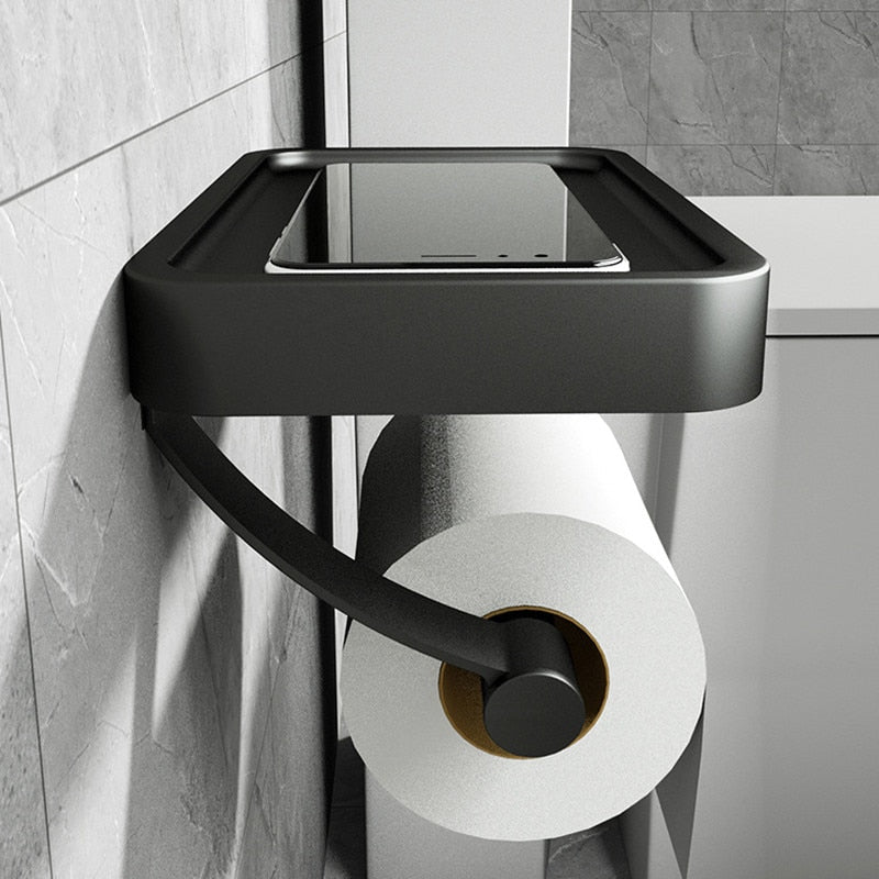 Black Metal Toilet Roll Holder with Built-in Shelf 1