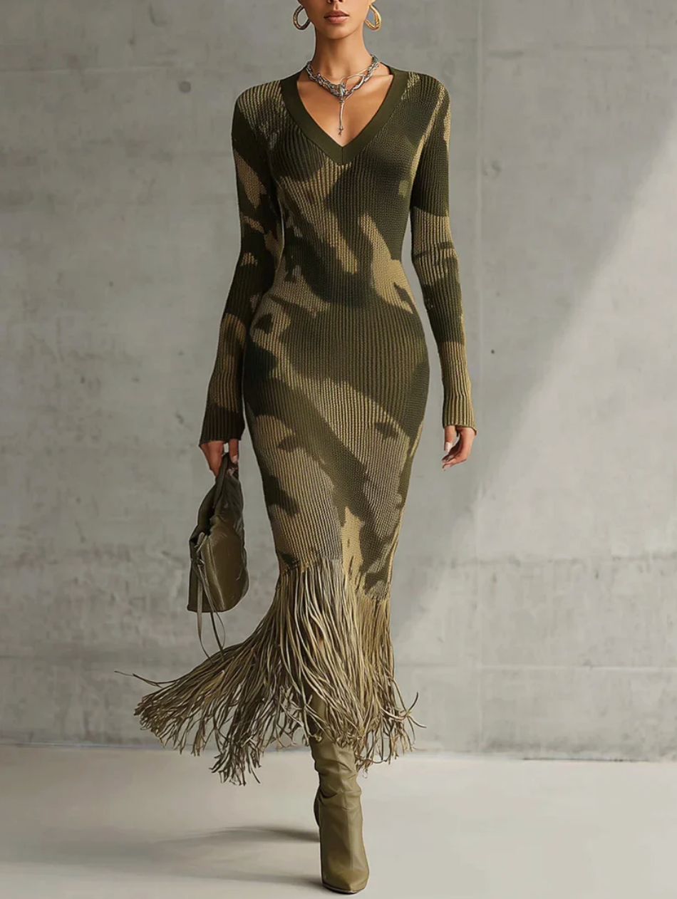 Camo Chic | Women's Dress with V-Neck & Fringe Hem – Stylish Midi Dress for Versatile Everyday Wear 0