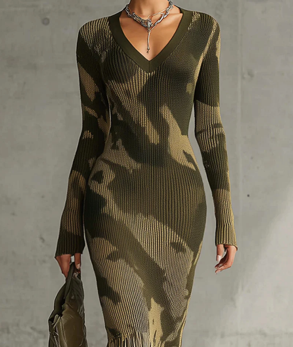 Camo Chic | Women's Dress with V-Neck & Fringe Hem – Stylish Midi Dress for Versatile Everyday Wear 1