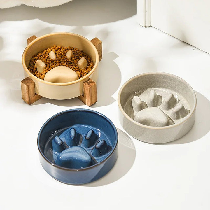 Ceramic Anti-Gobble Pet Bowl with Wooden Stand – Ergonomic Design for Cats and Small Dogs 2