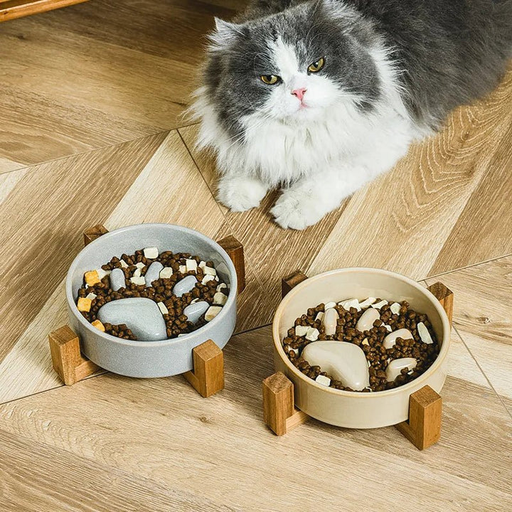 Ceramic Anti-Gobble Pet Bowl with Wooden Stand – Ergonomic Design for Cats and Small Dogs 3