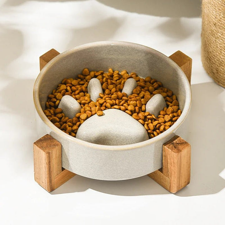 Ceramic Anti-Gobble Pet Bowl with Wooden Stand – Ergonomic Design for Cats and Small Dogs 4