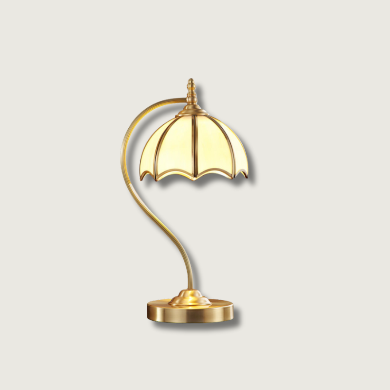 ChicBreeze – Brass and Glass Table Lamp with Umbrella Design 1