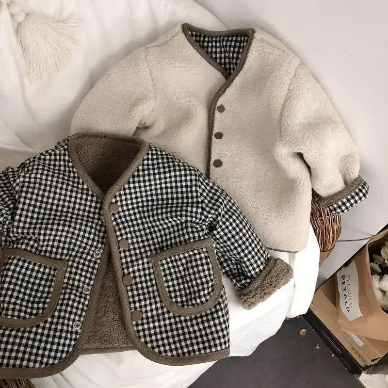 Children’s Reversible Jacket Plaid Plush Warm Autumn Winter Outerwear 0