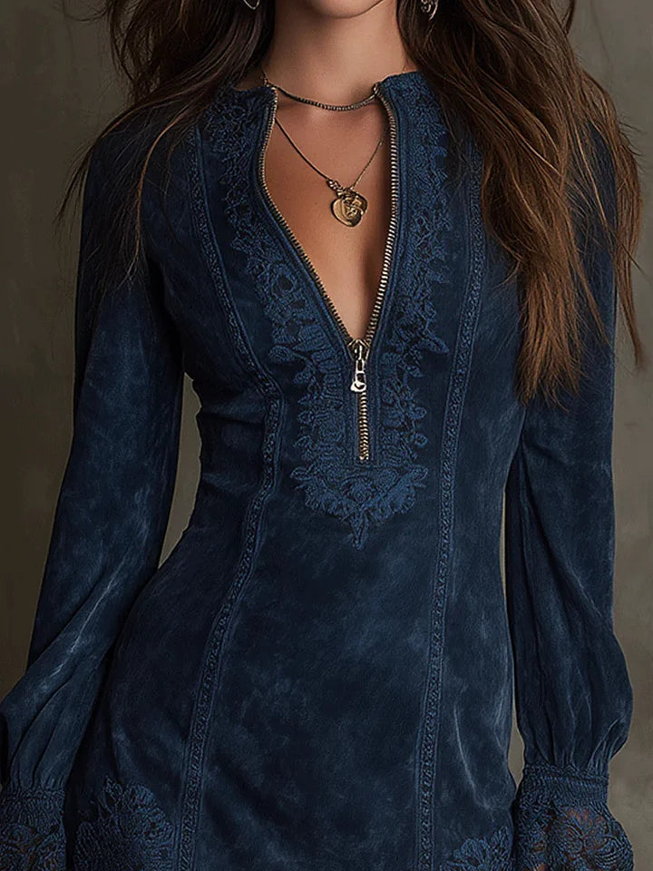 Delfine | Mini Dress in Blue Suede with Lace Accents – Elegant Fit for Effortless Charm 1