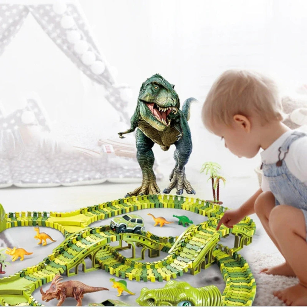 DinoRail - Dinosaur train track playset with clickable track blocks and prehistoric adventure design 1