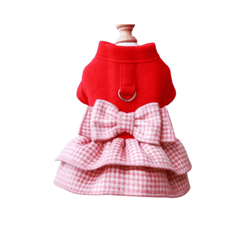 Elegant Bow Plaid Dog Dress Harness for Autumn/Winter – Vibrant Red Small Dog Clothes for French Bulldogs and Other Breeds 1