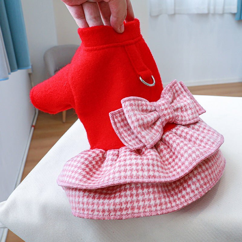 Elegant Bow Plaid Dog Dress Harness for Autumn/Winter – Vibrant Red Small Dog Clothes for French Bulldogs and Other Breeds 4