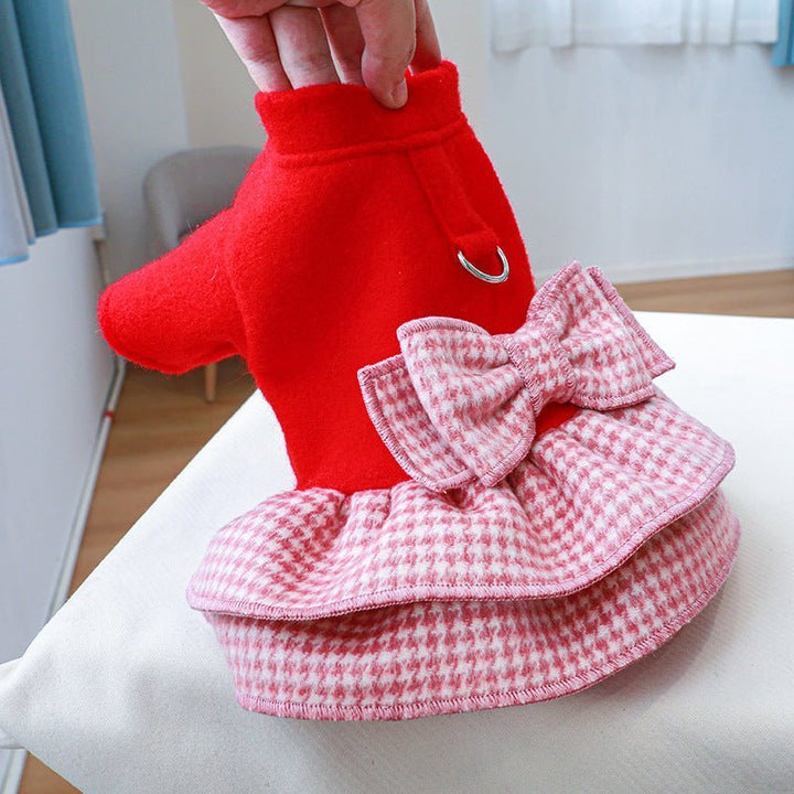 Elegant Bow Plaid Dog Dress Harness for Autumn/Winter – Vibrant Red Small Dog Clothes for French Bulldogs and Other Breeds 4