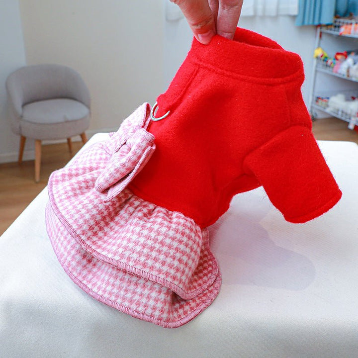 Elegant Bow Plaid Dog Dress Harness for Autumn/Winter – Vibrant Red Small Dog Clothes for French Bulldogs and Other Breeds 6