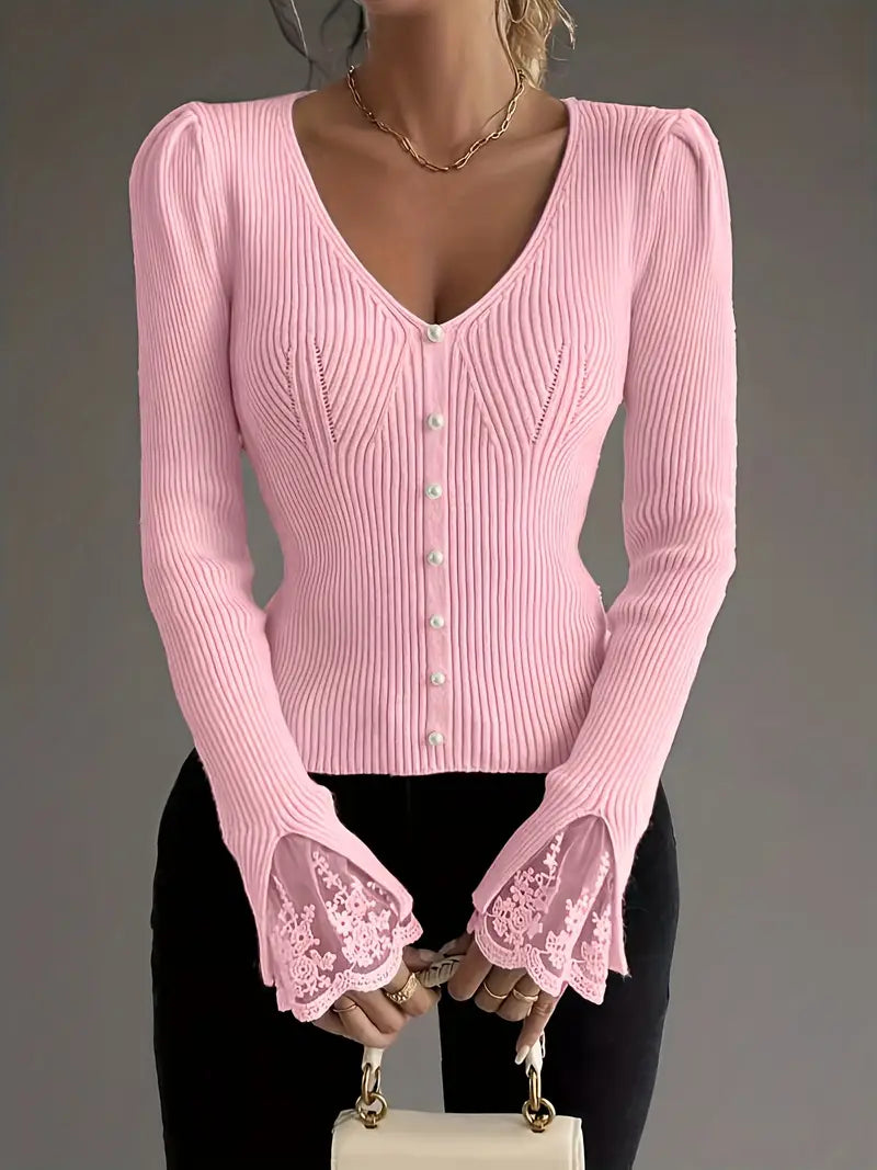 Elegant Ribbed Sweater with V-Neck & Lace Sleeves – Sophisticated Style for Any Occasion 0