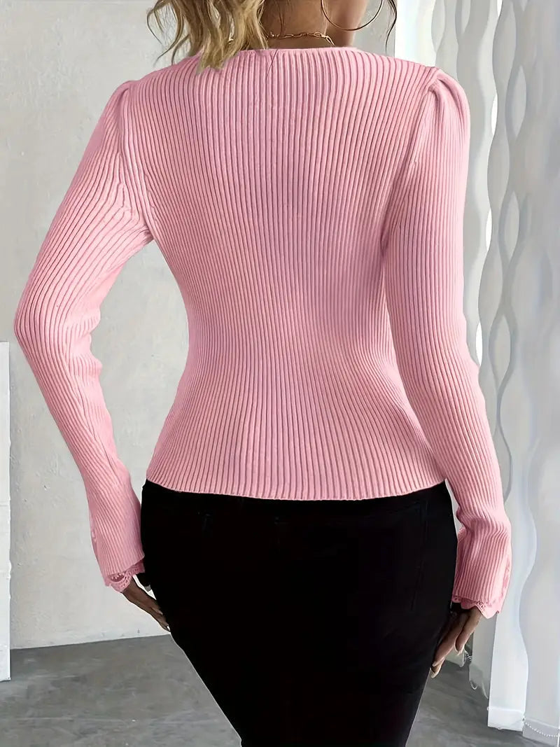 Elegant Ribbed Sweater with V-Neck & Lace Sleeves – Sophisticated Style for Any Occasion 1