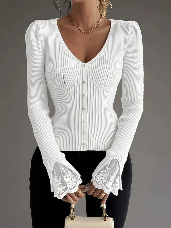 Elegant Ribbed Sweater with V-Neck & Lace Sleeves – Sophisticated Style for Any Occasion 5