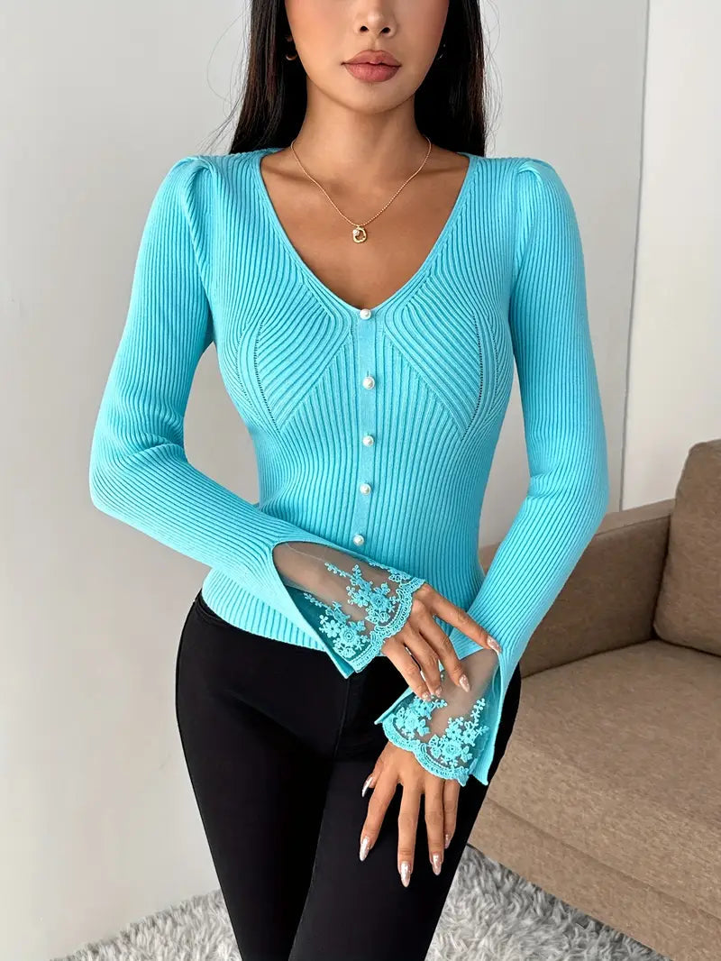 Elegant Ribbed Sweater with V-Neck & Lace Sleeves – Sophisticated Style for Any Occasion 8