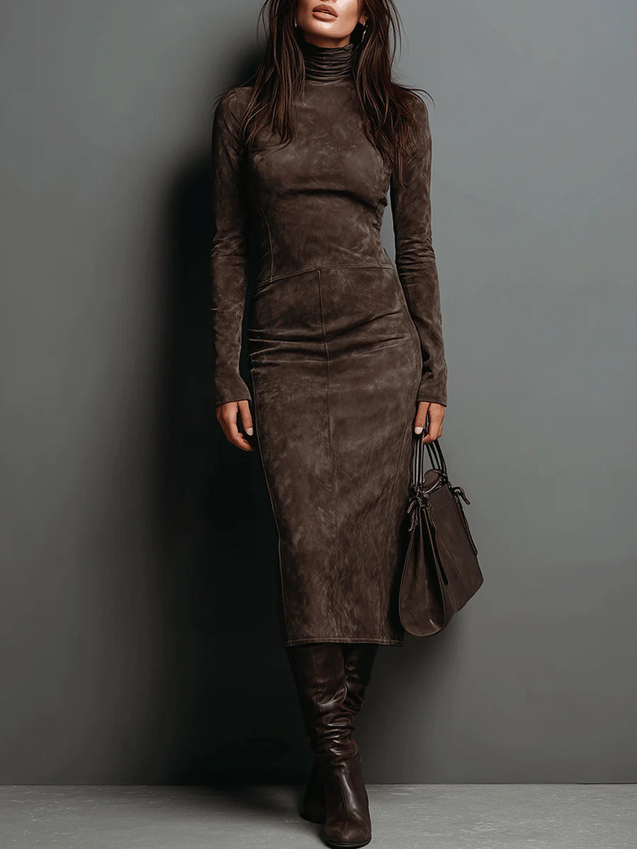 Elegant Suede Midi Dress with Long Sleeves & High Neck – Chic Autumn-Winter Style for Effortless Sophistication 0