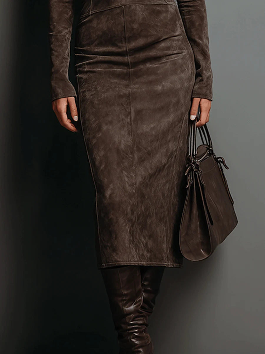 Elegant Suede Midi Dress with Long Sleeves & High Neck – Chic Autumn-Winter Style for Effortless Sophistication 4