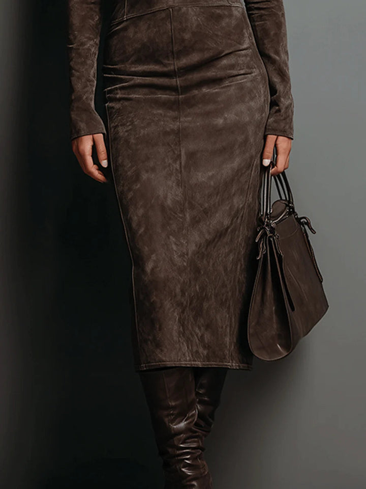 Elegant Suede Midi Dress with Long Sleeves & High Neck – Chic Autumn-Winter Style for Effortless Sophistication 4