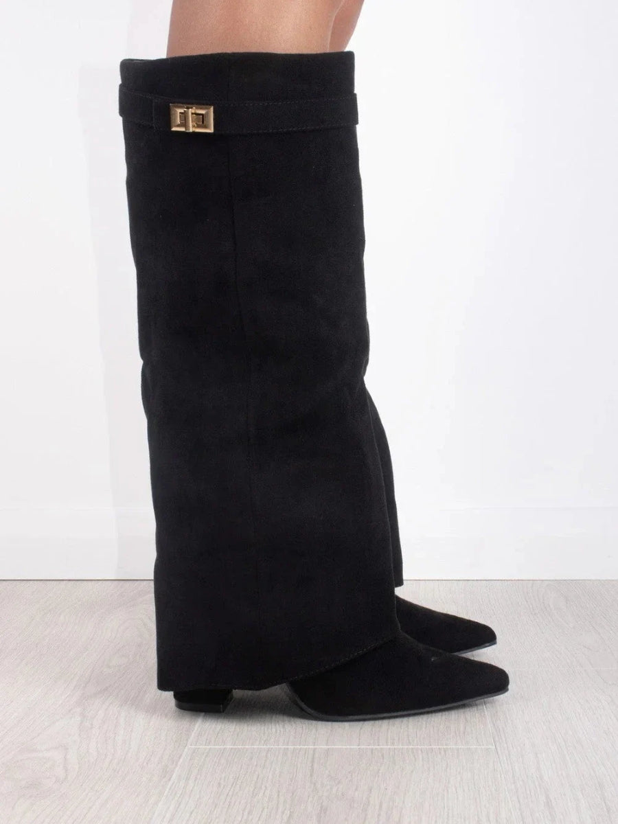 Elegant Women's Black Suede Knee High Boots with Gold Accents – Stylish and Comfortable Footwear 1