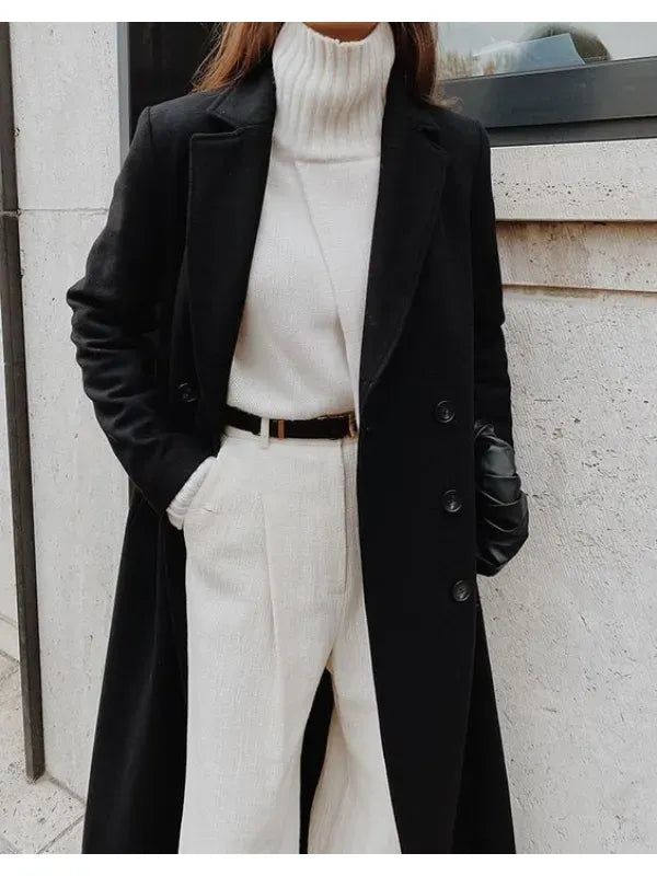 Elegant Women’s Full Length Wool Coat – Double-Breasted Tailored Design with Notched Lapel for Winter 0