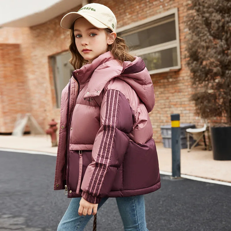 Girls’ Puffer Jacket Hooded Duck Down Gradient Insulated Coat Ages 5-12 0