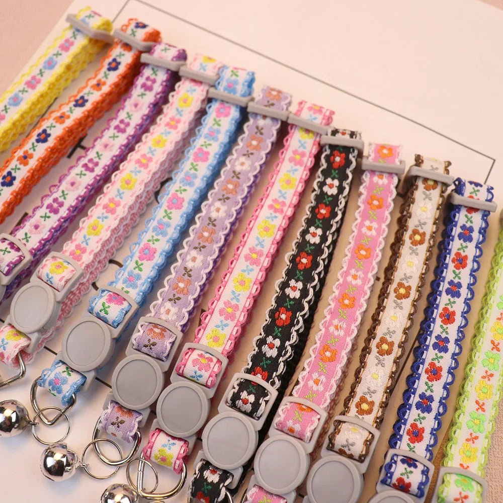 Handmade Floral Pattern Pet Collar for Cats and Puppies – Adjustable with Bell 1