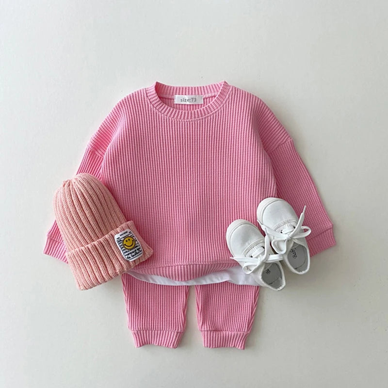 Kids’ Waffle Set Long Sleeve Top and Pants Soft Cotton Comfortable Toddler Clothes 2