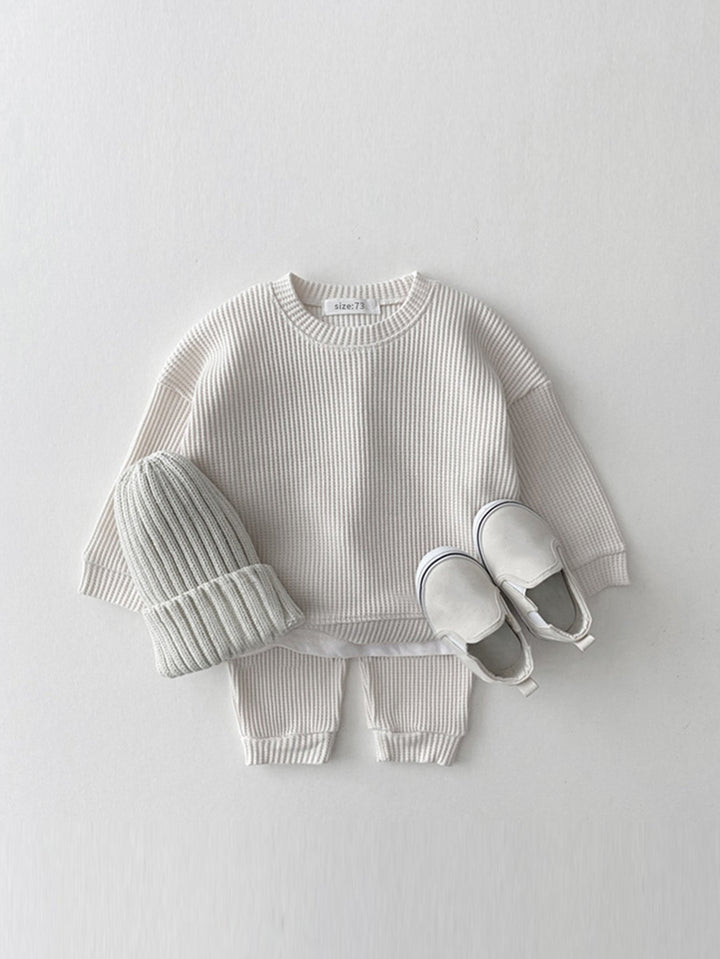Kids’ Waffle Set Long Sleeve Top and Pants Soft Cotton Comfortable Toddler Clothes 3