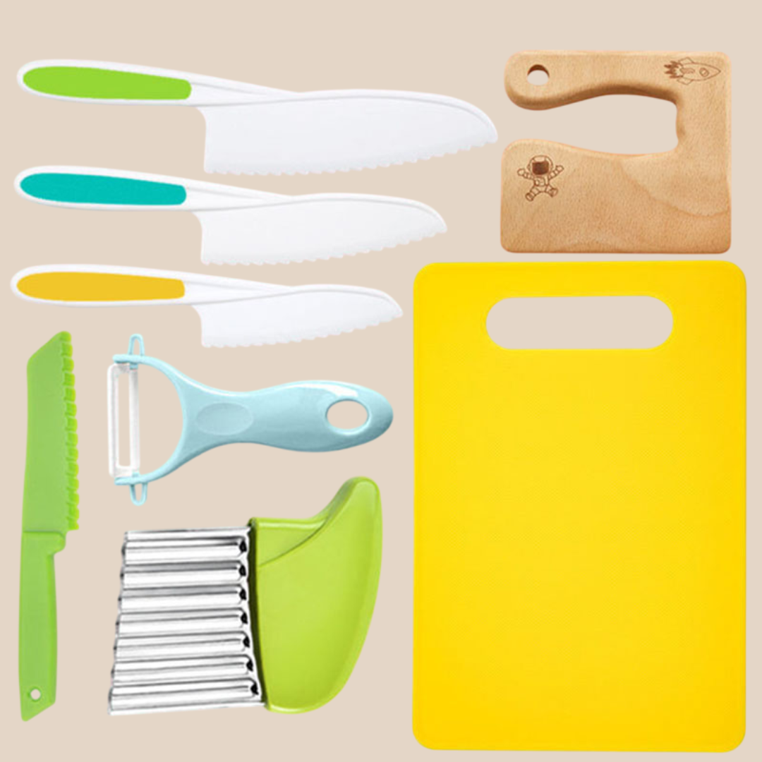 Kids Cooking Set 8-Piece Safe Cutting BPA-Free Wooden Cutting Aid and Plastic Cutting Board 1