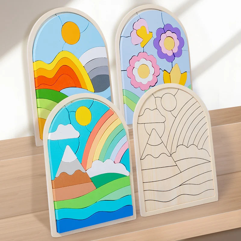 Kinderen Puzzelblokken Regenboogkleurig Hout Creatief Probleemoplossend Speelgoed 3