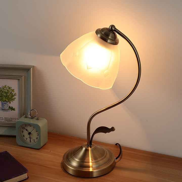 LuxePetal – White and Blue Glass Floral Table Lamp in Gold 0