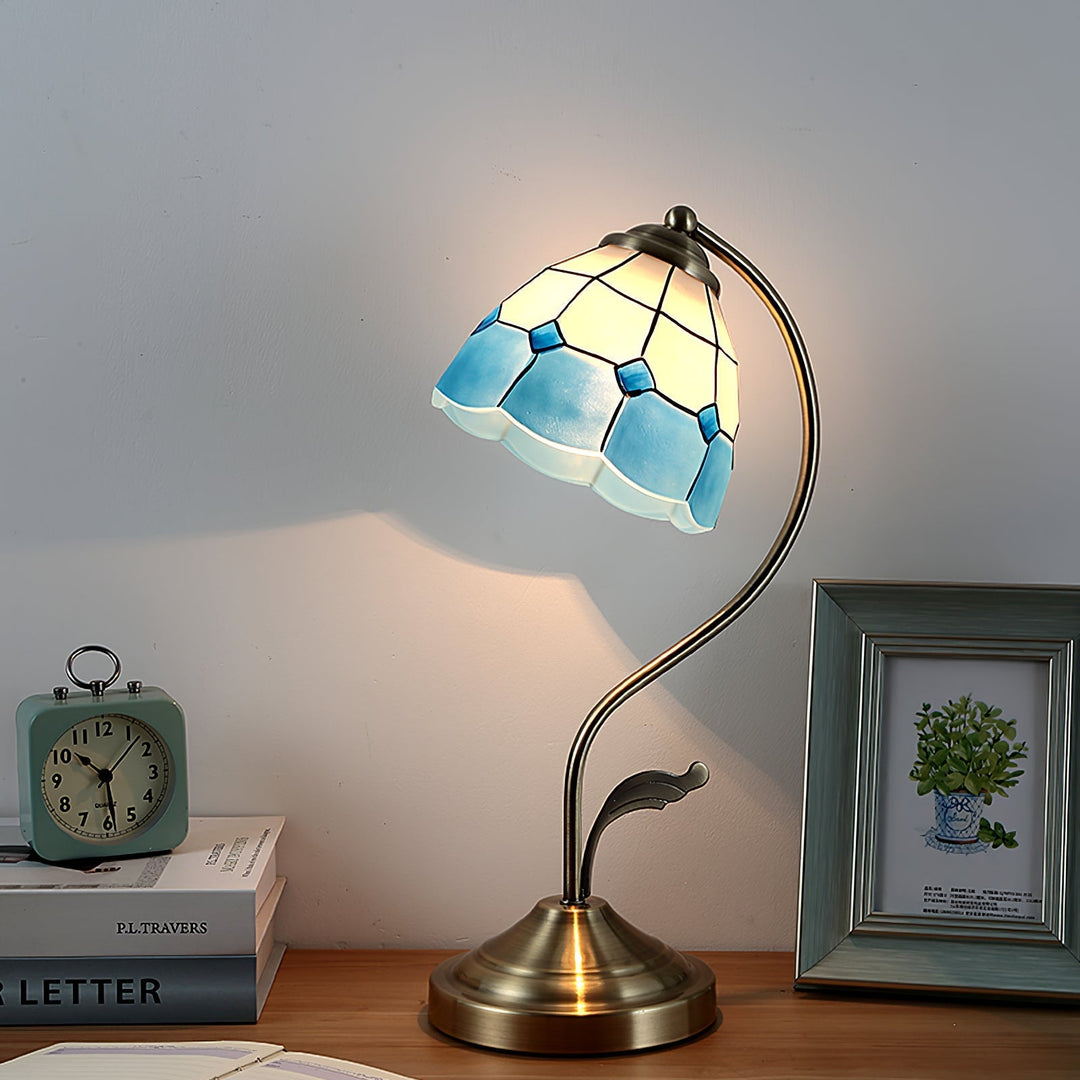 LuxePetal – White and Blue Glass Floral Table Lamp in Gold 5