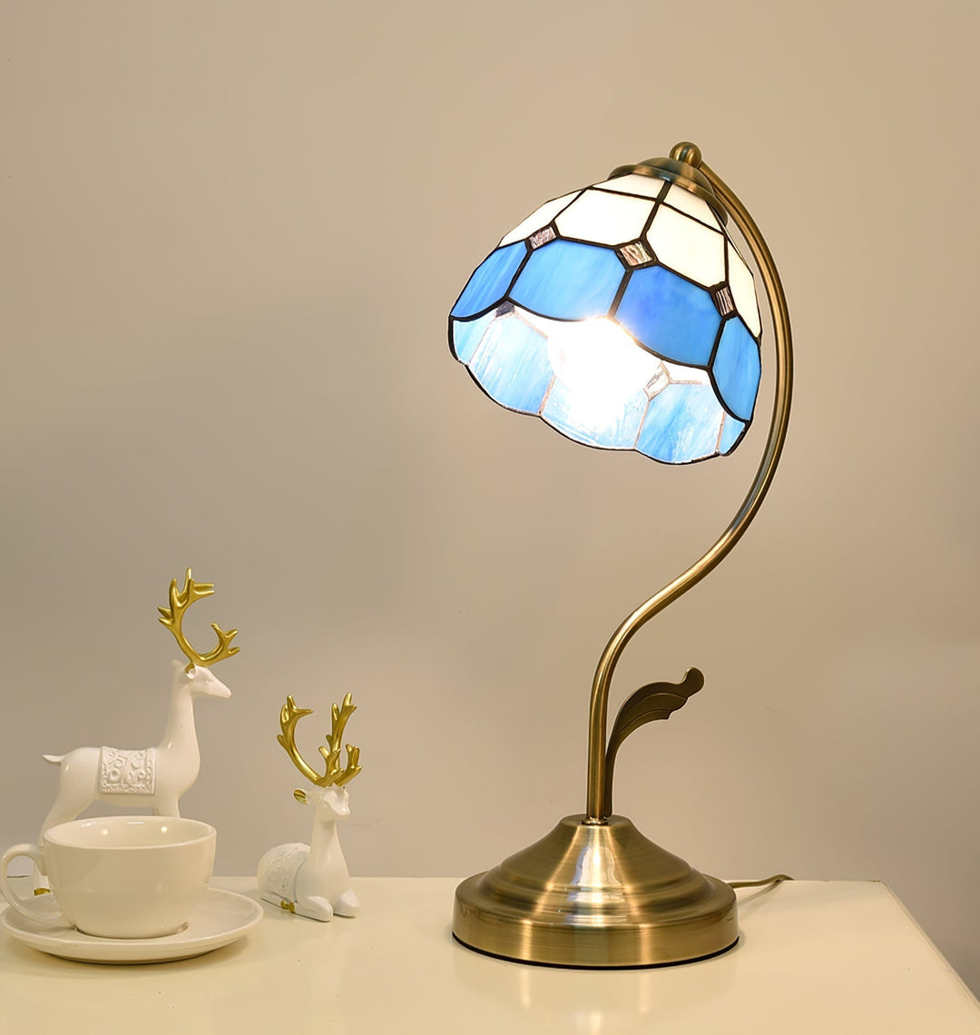 LuxePetal – White and Blue Glass Floral Table Lamp in Gold 8