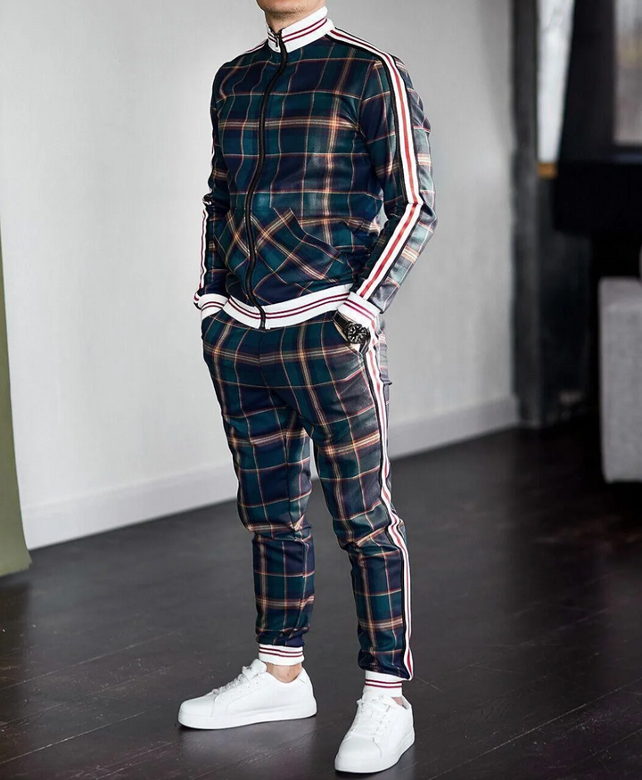 Men's Checkered Tracksuit Co-Ord Set with Striped Cuffs 0