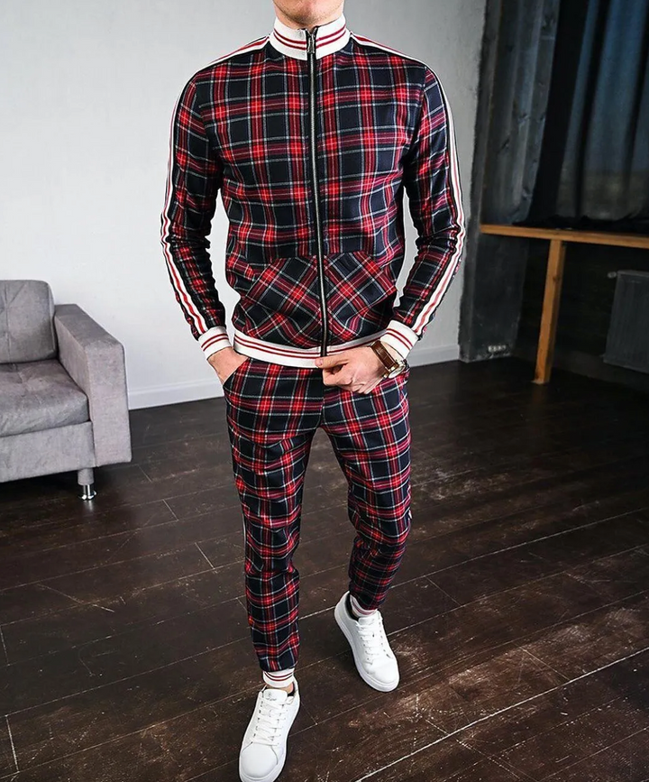 Men's Checkered Tracksuit Co-Ord Set with Striped Cuffs 1