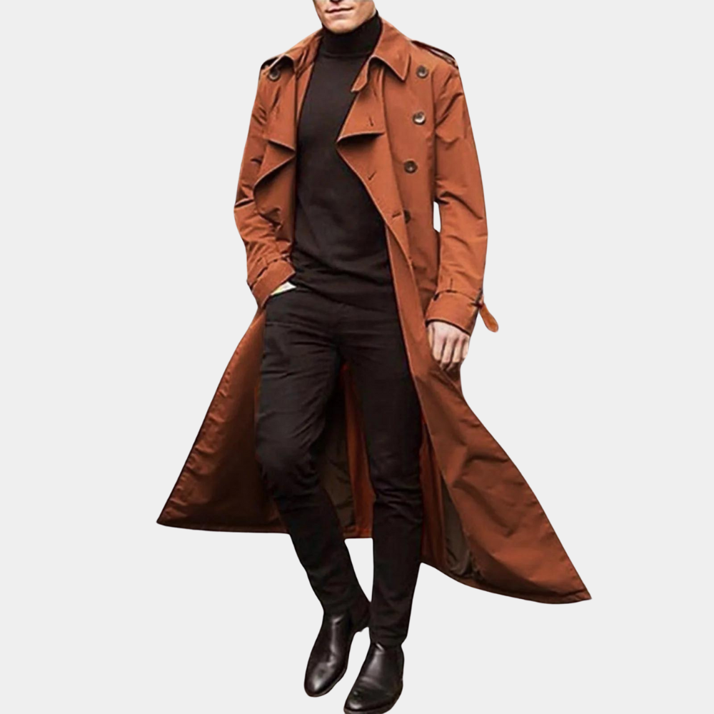 Men's Classic Long Trench Coat with Belt and Double-Breasted Closure 0