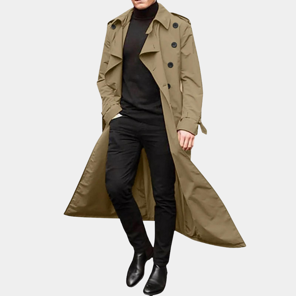 Men's Classic Long Trench Coat with Belt and Double-Breasted Closure 1