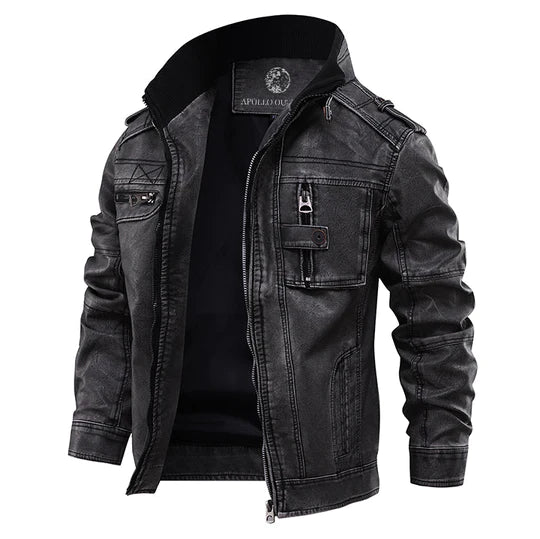 Men's Leather Jacket with Stand Collar and Zippered Chest Pocket 0