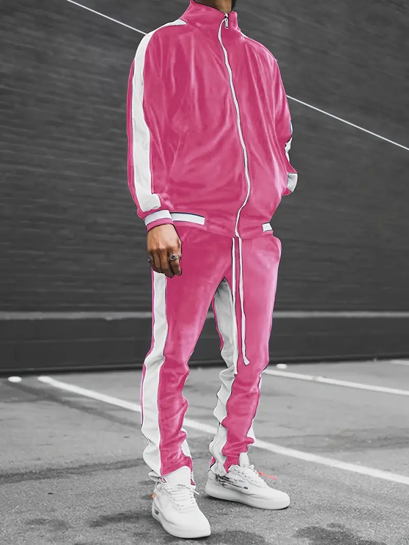 Men's Velvet Tracksuit 2-Piece Set with Zipper and Drawstring 1