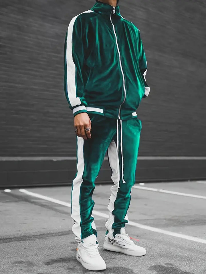 Men's Velvet Tracksuit 2-Piece Set with Zipper and Drawstring 2