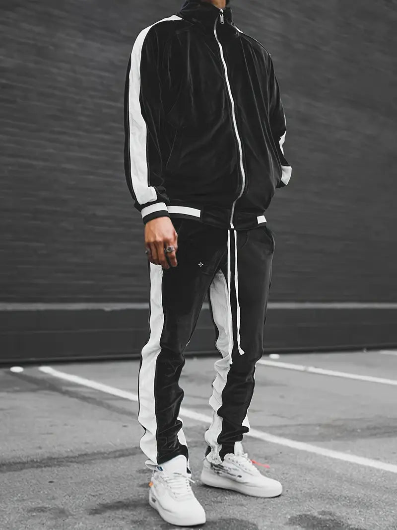 Men's Velvet Tracksuit 2-Piece Set with Zipper and Drawstring 4