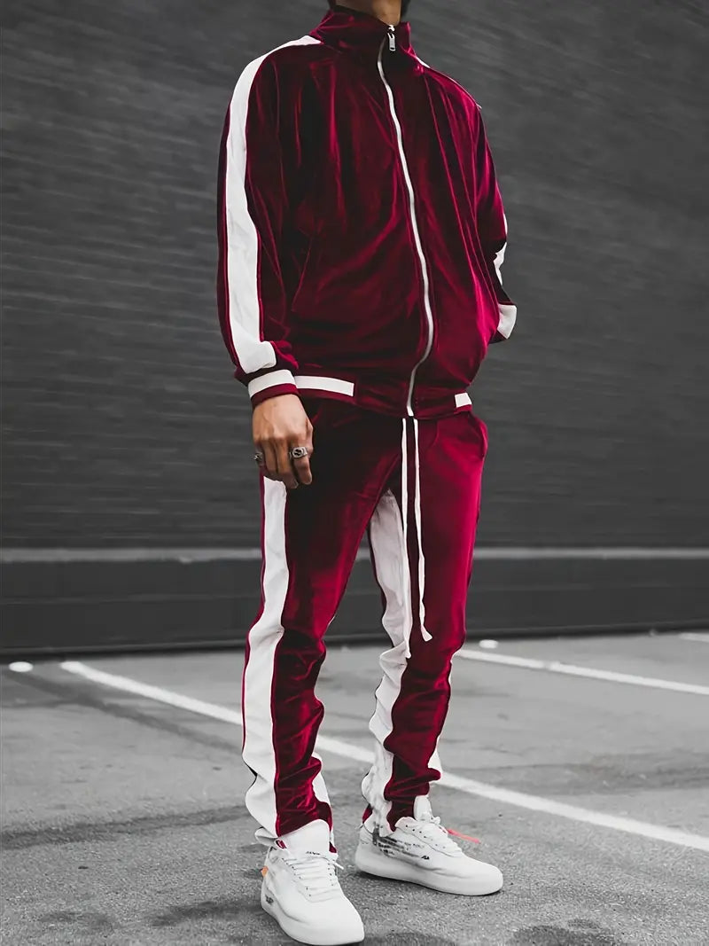Men's Velvet Tracksuit 2-Piece Set with Zipper and Drawstring 5