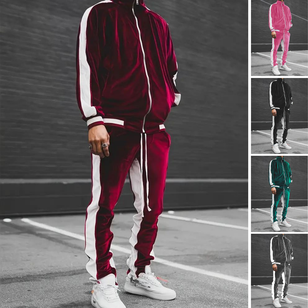Men's Velvet Tracksuit 2-Piece Set with Zipper and Drawstring 6