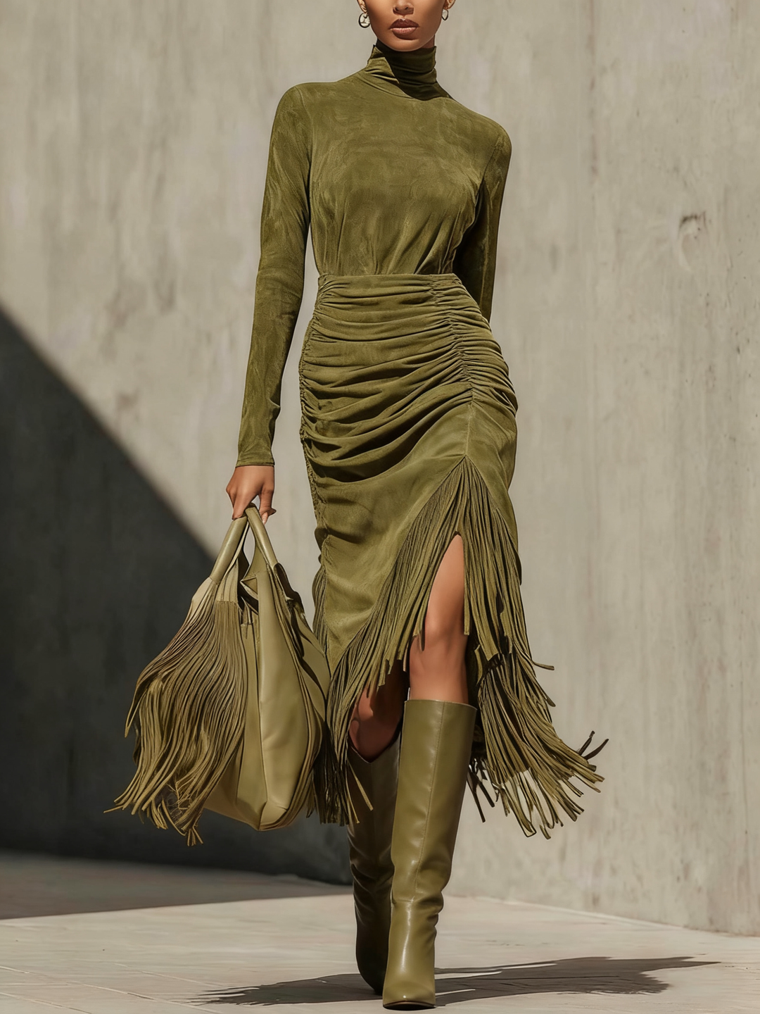Olive Green Midi Dress | Wrap Design with Pleats & Fringes – Elegant Midi Dresses for Women 0