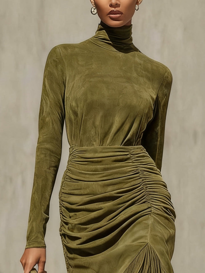Olive Green Midi Dress | Wrap Design with Pleats & Fringes – Elegant Midi Dresses for Women 1
