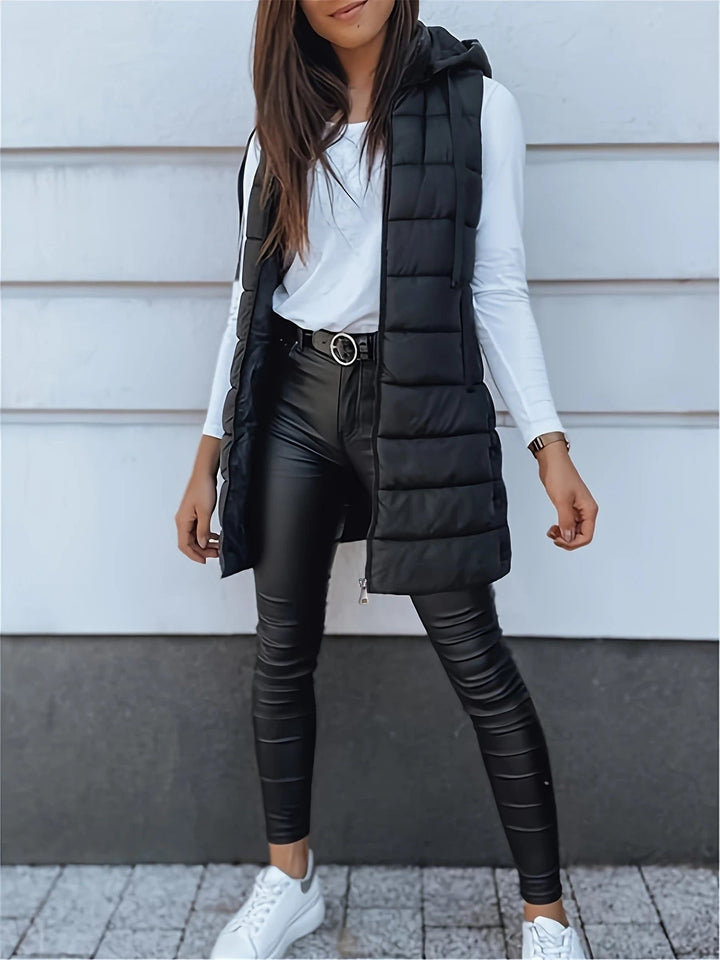 Oversized Women’s Quilted Padded Vest – Long Hooded Bodywarmer for Layered Winter Outfits 0
